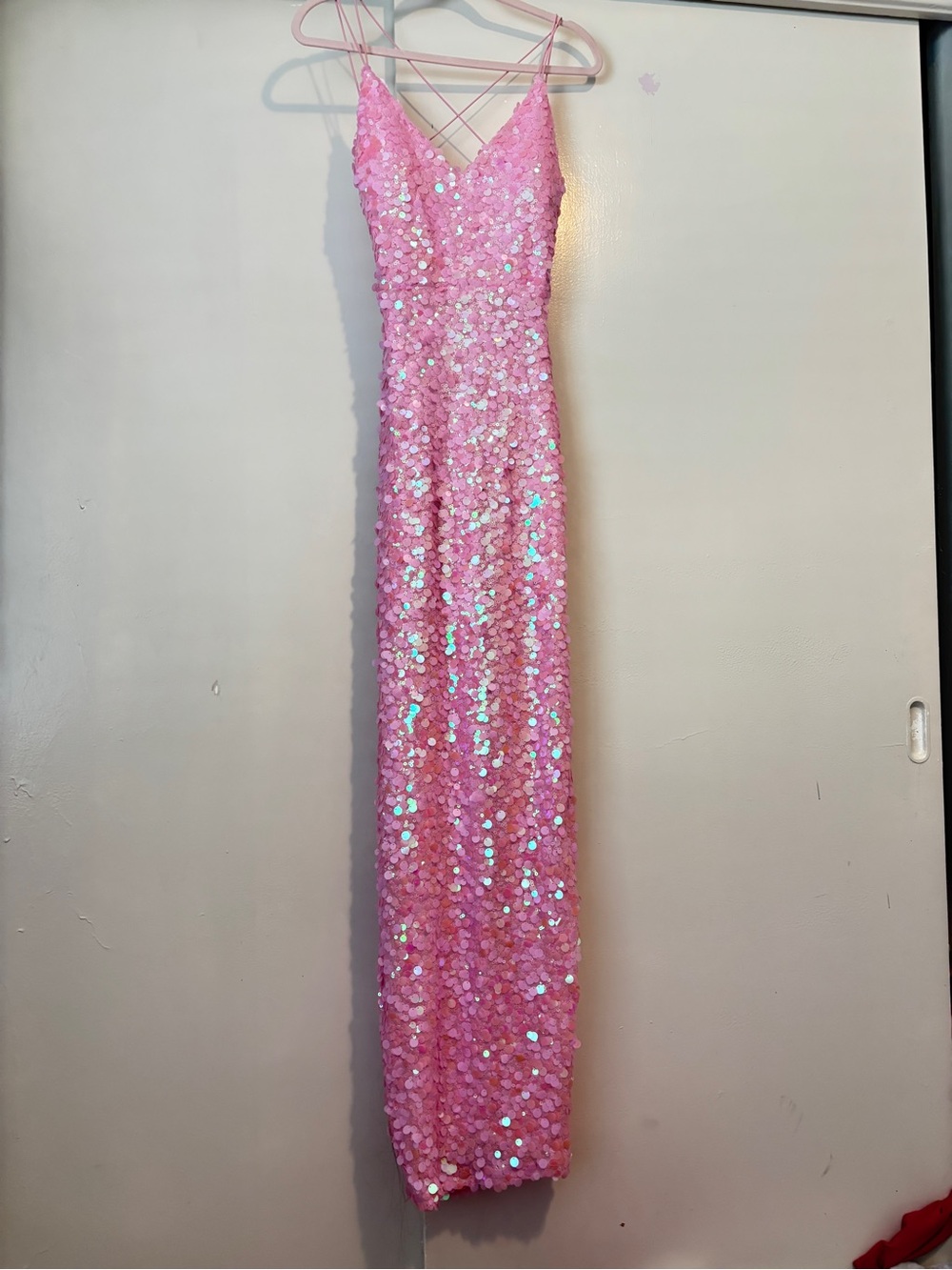 B Darlin Pink Sequin Crisscross Strap Maxi Dress